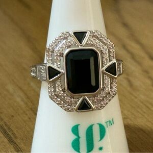 Elegant Black Onyx and Rhodium Ring